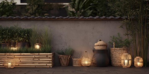 Fototapeta premium Serene Zen Garden Scene Lit Lanterns, Bamboo, and Plants