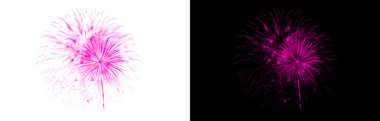 Stunning composite image showcasing a vibrant single magenta firework exploding in night sky...