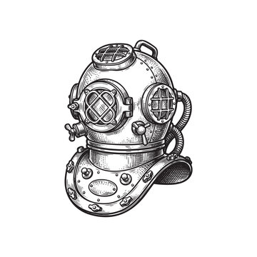 Vintage Deep Sea Diving Helmet Engraving Illustration