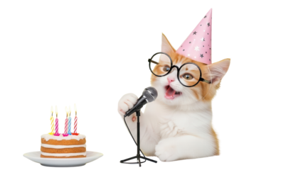 Cute Kitten Wearing Party Hat and Glasses Singing into Microphone with Birthday Cake isolated PNG with Transparent Background
