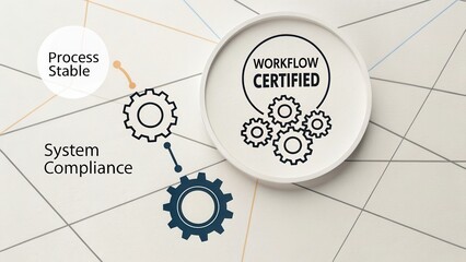 Workflow Certification Process with Gears Symbolizing System Compliance and Process Stability on a Modern Background