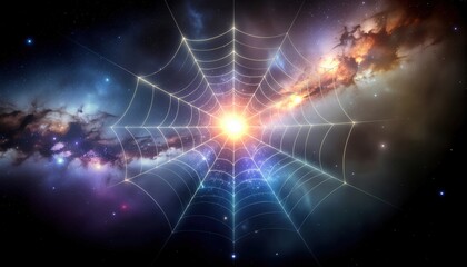 Galactic spiderweb radiating brilliant light, abstract digital art, capturing cosmic connectivity and the infinite expanse of the universe.