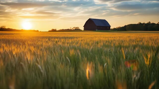 Golden wheat field at sunset with distant barn and farmhouse silhouette under warm golden sky