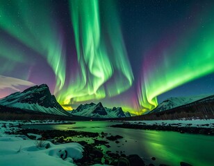 Majestic nighttime display of vibrant Aurora Borealis over a snowy landscape