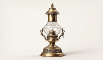 Fototapeta premium Elegant Ornate Antique Brass Oil Lamp with Clear Glass Globe and Intricate Details, Isolated Studio Shot.
