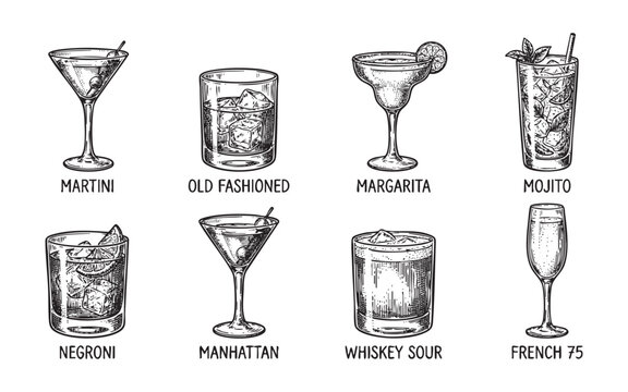 Classic Cocktails with Names engraving vector illustration