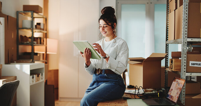 Ecommerce, happy woman and scroll in office with tablet for online order, good review or customer feedback. Person, browse or smile in workplace with tech for logistics, client satisfaction or email.
