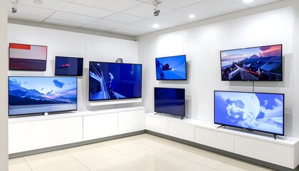 Modern showroom with several flat-screen displays showcasing diverse content on bright white walls, showcasing consumer electronics