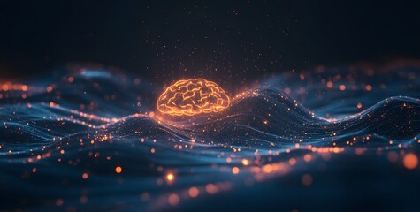 Illuminated neural network brain in digital space