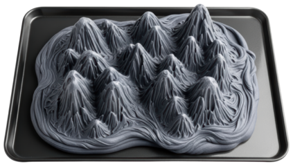 Miniature grey mountain landscape sculpture on flat tray isolated on transparent background