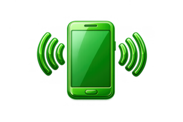 Green smartphone icon sending wireless signal, illustrating mobile communication concept and network connectivity