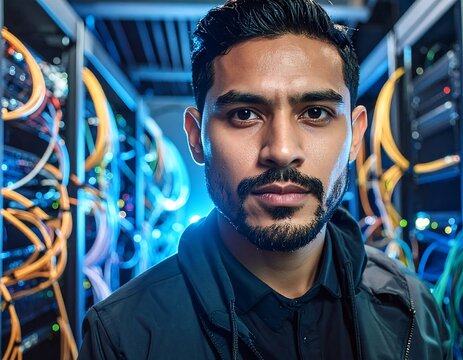 Man in data center with server racks and cables - Powered by Adobe