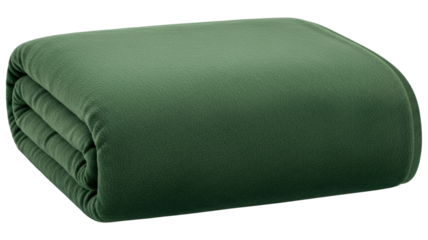 Soft folded dark green fleece blanket for warmth and comfort bedding isolated on transparent background