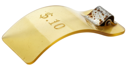 Vintage yellow plastic price tag clip with rust and worn texture isolated on transparent background