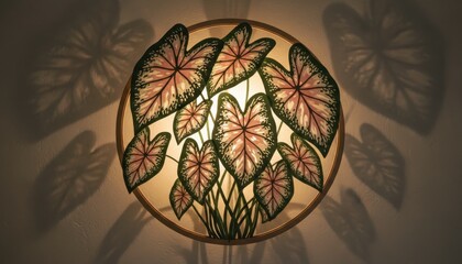 Caladium plant glows in modern, decorative wall art piece, casting plant shadows against the wall, botanicals, indoors, natural, light.