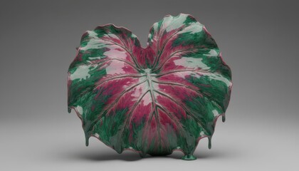 Ceramic taro leaf art piece. Maroon, green and white coloration. Sculpture, studio shot. Still life, object. Botanical, exotic, contemporary.