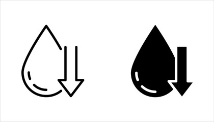 Low water level icon set. Droplet with arrow down symbol. vector illustration on white background