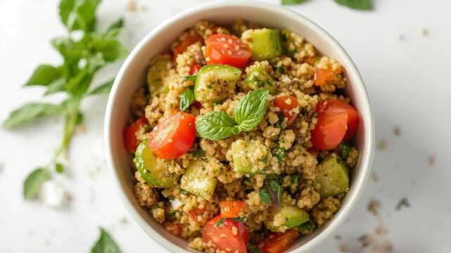Quinoa salad with cherry tomato cucumber mint bowl inspired by tabbouleh and bulgur freshness