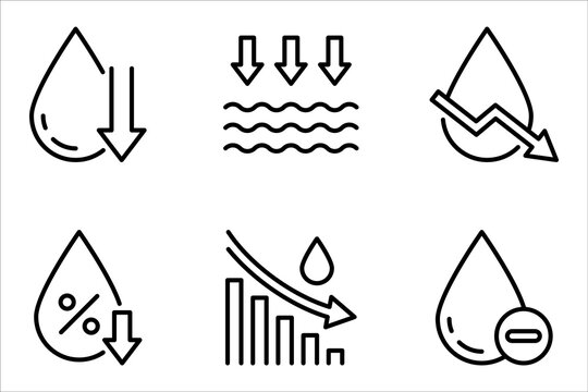 Low water level icon set. Droplet with arrow down symbol. vector illustration on white background