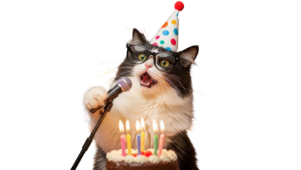 Funny Cat Wearing Party Hat and Glasses Singing into Microphone with Birthday Cake isolated PNG with Transparent Background
