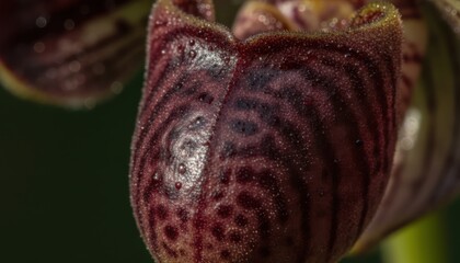 Aristolochia flower in striking detail, macro photography emphasizing the unusual, patterned texture of this exotic blossom, nature focus.