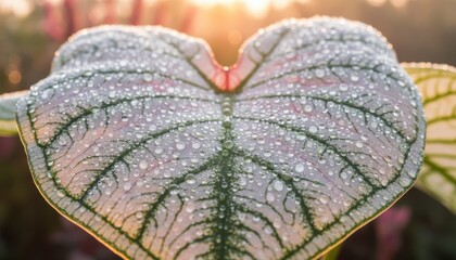 Caladium leaf close-up sparkles with morning dew drops, bathed in golden sunrise light, creating a vibrant botanical nature macro art.