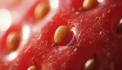 Strawberry seed, close-up, vibrant, juicy, raw, fresh, natural light. Healthy eating concept. Culinary fruit detail. Extreme macro photography, food.