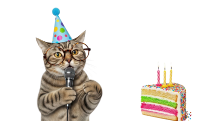 Tabby Cat Wearing Party Hat and Glasses Singing into Microphone Next to Birthday Cake Slice isolated PNG with Transparent Background