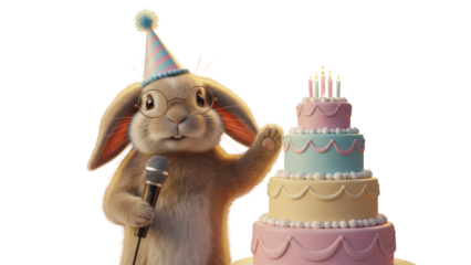 Cute Cartoon Rabbit Wearing Party Hat Singing with Birthday Cake isolated PNG with Transparent Background