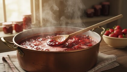 Making strawberry jam in copper pot. Fruit boiling, wooden spoon, rustic style. Home cooking in bright kitchen at daytime. Fresh produce, sunlight