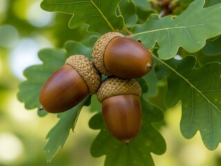 Macro shot of three ripe brown acorns hanging from an oak tree branch with lush green leaves in autumn sunshine.