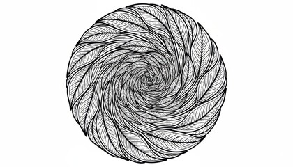 Abstract Feathered Vortex Hand-Drawn, Pen-and-Ink Style. Black and White. Organic, Spiraling, Meditative, Circular, Detailed, Elegant, Flowing.