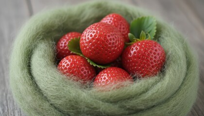 Fresh strawberries nestled in green wool, rustic still life. Focus on natural texture and vibrant color; macro shot evokes simplicity, summer, freshness.