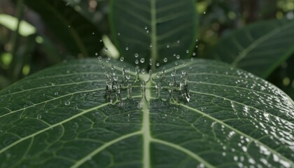 Macro photography capturing water droplets on a vibrant green leaf, reflecting sunlight in a jungle setting, detailed, close-up nature shot.