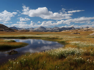 Scenic Mountain Meadow with Reflective Pond and White Flowers