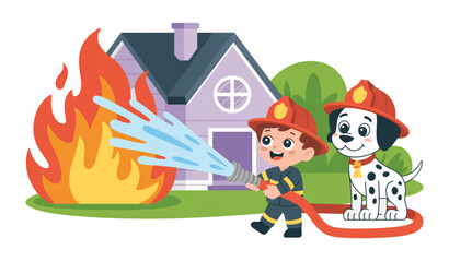 Cute kids firefighter clipart with dalmatian dog and burning building