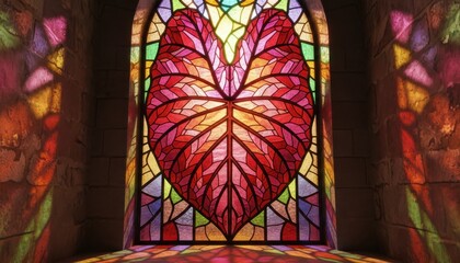 Stained glass heart leaf radiant colors, artistic style, vibrant, unique, creative, church, light and shadow interplay, love symbol, architecture, abstract.