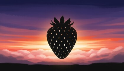 Strawberry silhouette at sunset, with artistic sky and landscape, representing fruit, health, nature and a calm, beautiful evening scene.