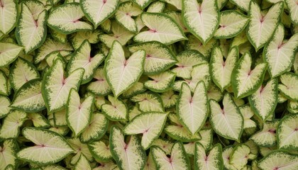 Caladium hortulanum close-up, tropical leaves abstract background, decorative plant, nature texture, flat lay, overhead shot, studio shot, natural light