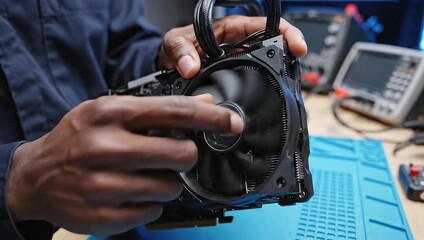 Close-Up of Hands Holding a Computer Fan for Repair.