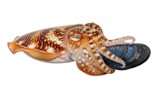 Common cuttlefish hunting a blue mussel, sepia cephalopod with tentacles isolated on white background, marine mollusk predatory behavior