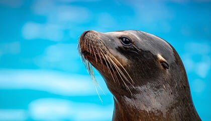 Close-up portrait of a seal with whiskers in water.