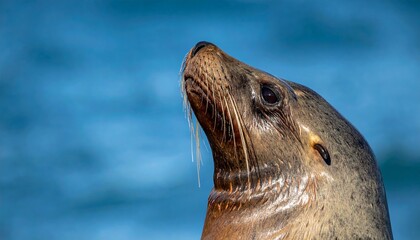 Obraz premium Seal head close-up with whiskers against blue water background.