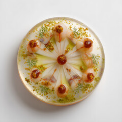 Elegant Seafood Appetizer on Round Plate with Dill and Red Topping