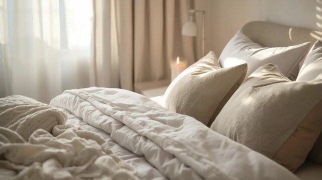 Cozy neutral bedroom bed with rumpled duvet pillow blanket bedding comforter in warm morning light