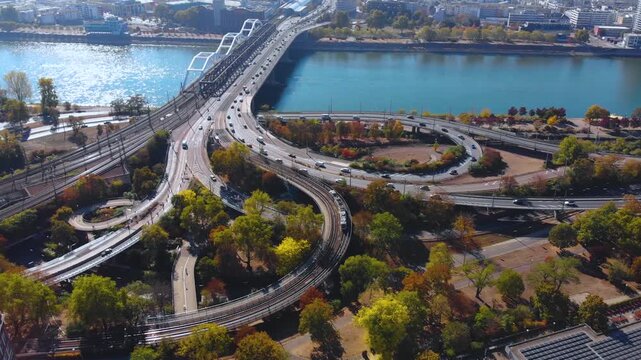 Aerial view around the city of Mannheim in Germany beside the Rhine river on a sunny autumn day