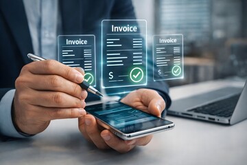 Businessman using a stylus and smartphone to approve digital invoices with green checkmarks, representing automated billing, paperless accounting, and efficient financial management.