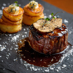 Delicious Filet Mignon with Fried Potatoes and Black Truffle on Dark Plate