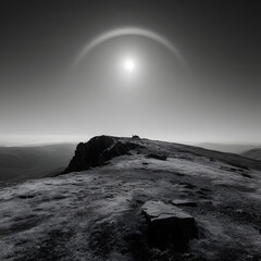 Monochrome Mountain Ridge with Atmospheric Optical Phenomenon Above
