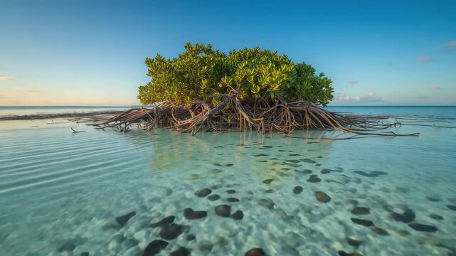 Tropical mangrove island with exposed root reflections in clear shallow turquoise water at sunrise